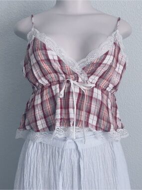 AE 90s Vibe Cami Top Checked Plaid Lace Trim Red/Multi SZ M